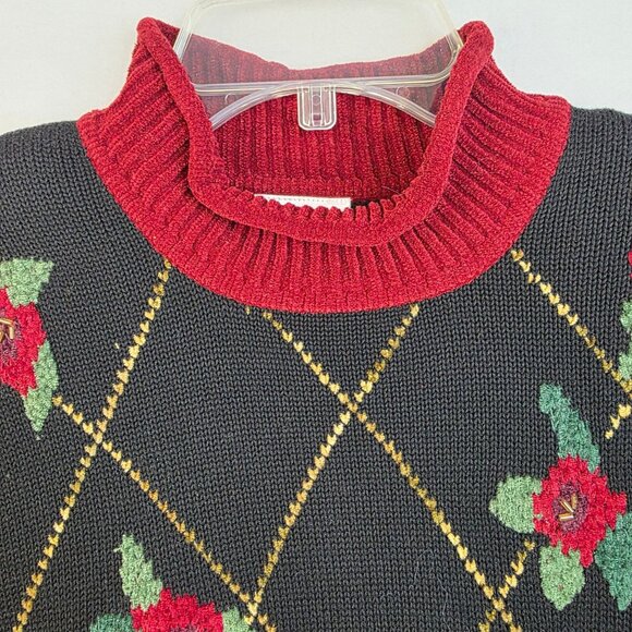 80s Holiday Argyle Christmas Poinsettia Sweater Medium Koret Holiday Festive - Picture 2 of 6